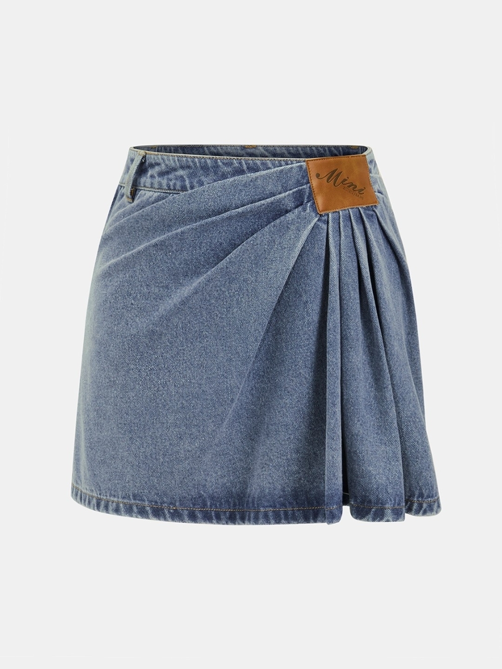 Commense Asymmetric Pleated Denim Mini Skirt in Blue